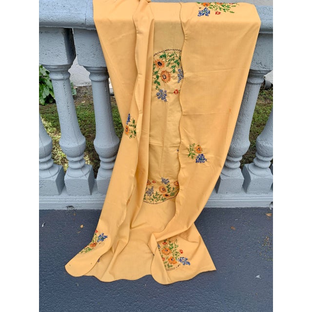 Arts & Crafts Vintage Handcrafted Hungarian Embroidered Mustard Autumnal Tablecloth 49” X 68” For Sale - Image 3 of 12