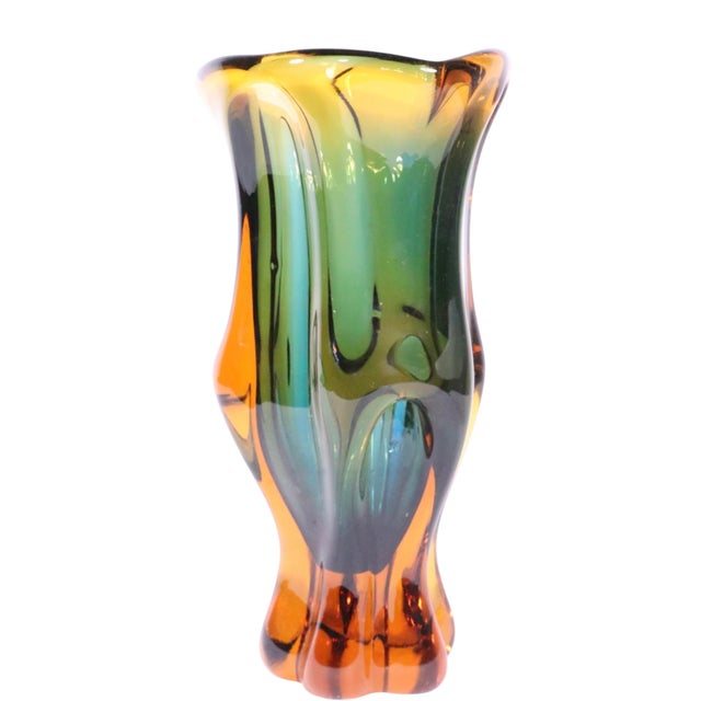 Beautiful amber, green and clear Bohemain art glass vase, designed by Josef Hospodka, made in the Czech Republic by...