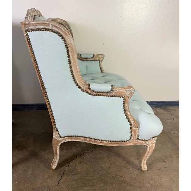 Wood Pair of Louis XV Style French Bergères – Pale Blue Linen For Sale - Image 7 of 15