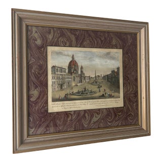 Antique Etching With Marbled Paper Matte by Agapito Franzetti 1820's Piazza Navona, Roma For Sale