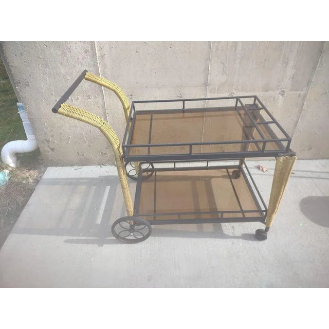 American Late 20th Century Rattan, Metal, Glass Bar Cart For Sale - Image 3 of 8