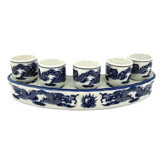 Asian Moder Bat Trang Vietnam Ceramic Blue & White Dragon Shot Set Hand Painted in a Yin Yang Chinoiserie Motif - Set of 6 For Sale
