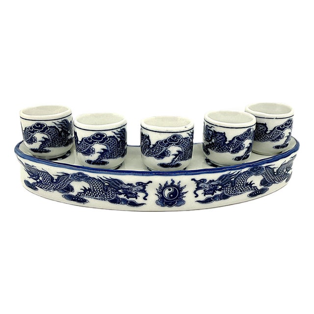 Asian Moder Bat Trang Vietnam Ceramic Blue & White Dragon Shot Set Hand Painted in a Yin Yang Chinoiserie Motif - Set of 6 For Sale