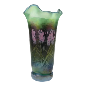 Vintage Art Nouveau Style Iridescent Purple and Green Glass Vase Signed