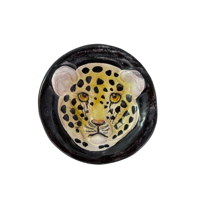 Mid-Century Italian pottery wild cat wall plaques/trinket dishes. Dimensional hand-painted cheetah and lion motif. Holes...