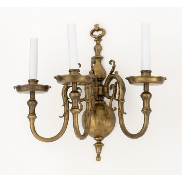 Pair of Dutch Style Bronze Three-Branch Wall Sconces For Sale In New York - Image 6 of 10