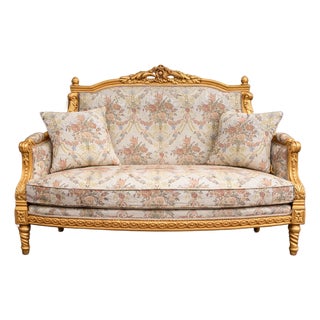 1980 French Louis XVI Gold Beech Damask Settee For Sale