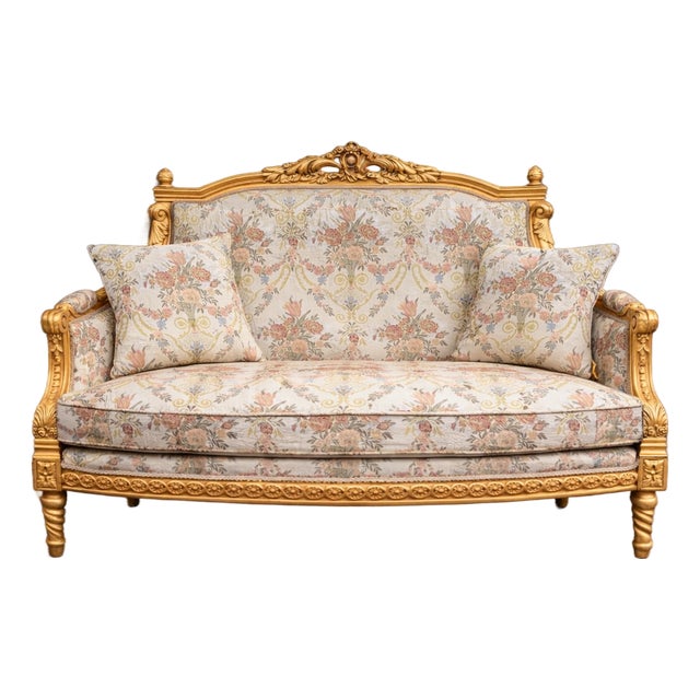1980 French Louis XVI Gold Beech Damask Settee For Sale