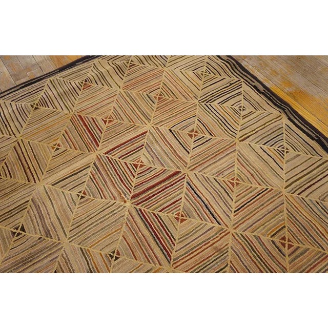 1890s Camel Log Cabin Folk Art American Hooked Rug 4' 5' 'X 4' 5'' Wowen Wool Carpet For Sale - Image 4 of 13