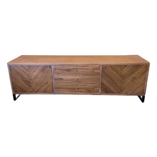 Contemporary Solid Indonesian Teak Media Console / Credenza W/ Parquet Panel Doors & Metal Legs For Sale