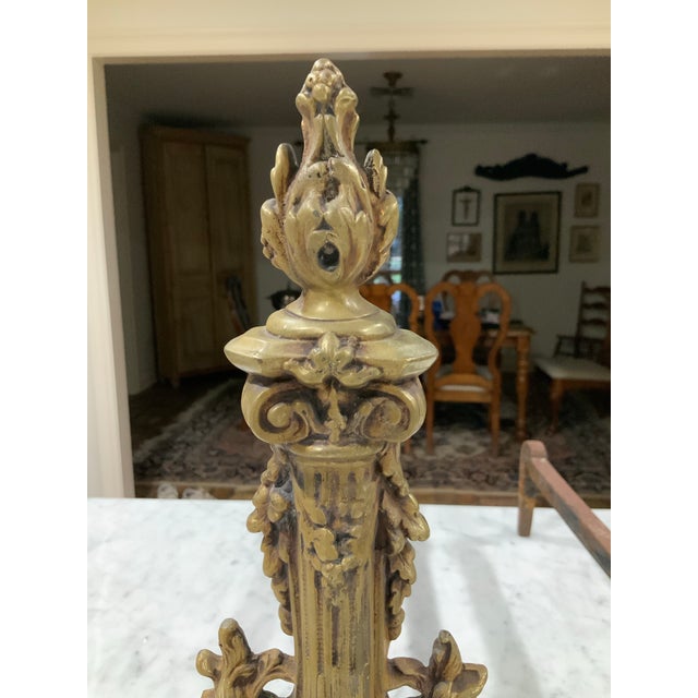 Brass Antique French Rococo & Louis XVI Chenets a Pair - Large Heavy Brass Fireplace Andirons for Regency, Neoclassical and Old World Decor - See Pics! For Sale - Image 8 of 12