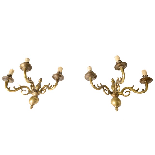 Italian Brass 3-Light Wall Lamps, 1950s, Set of 2 For Sale - Image 4 of 5