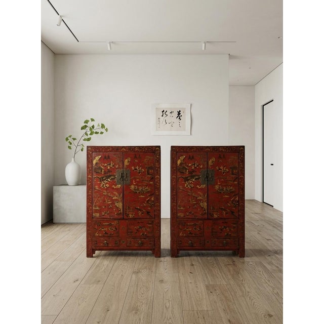 Mid 19th Century Set of 4-Piece Antique Chinese Red Lacquer and Gilt-Painted Cabinets For Sale - Image 4 of 12