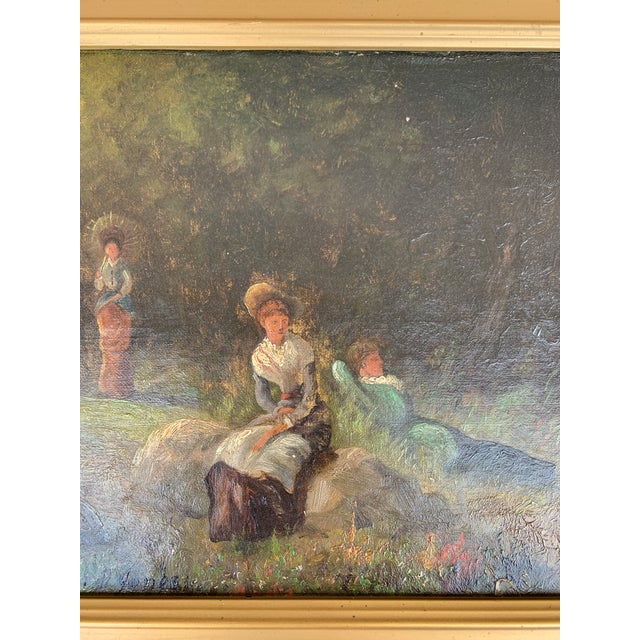 Antique Hand Painted Framed Oil on Canvas Ladies in a Landscape Painting For Sale - Image 13 of 16