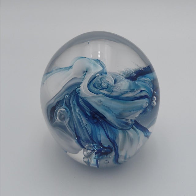 Signed Vintage Handblown Glass Paperweight With Blue & White Ribbon Swirl, 2003 For Sale - Image 4 of 11