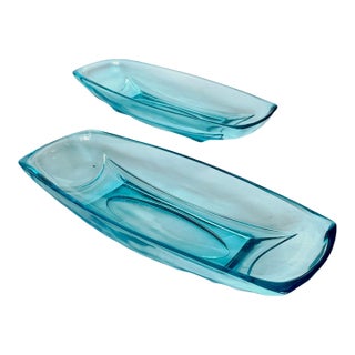 Vintage Pair Art Deco Style Aqua Glass Dish For Sale