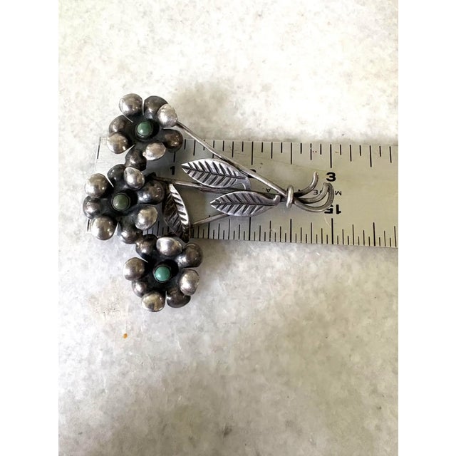 Vintage Sterling Silver and Turquoise Triple Flower Stem Brooch For Sale - Image 4 of 4