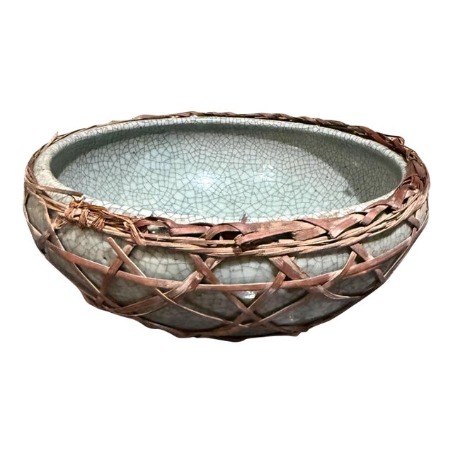 Ceramic Bowl Chinese Celadon Ware Crackle Glaze Mid-Century Modern For Sale