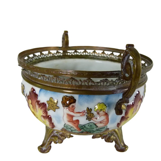 French Vintage French "N" Mark Footed Cherub Bowl With Ormolu Trim & Floral Interior | Two Handled | Blue Crowned N For Sale - Image 3 of 13