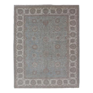 Oushak by Keivan Woven Arts With Floral Design on Green-Blue Field For Sale
