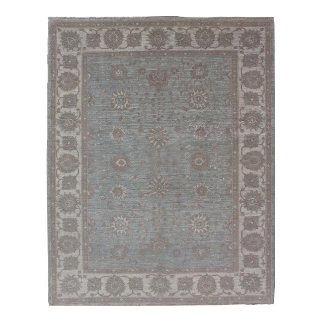 Oushak by Keivan Woven Arts With Floral Design on Green-Blue Field For Sale