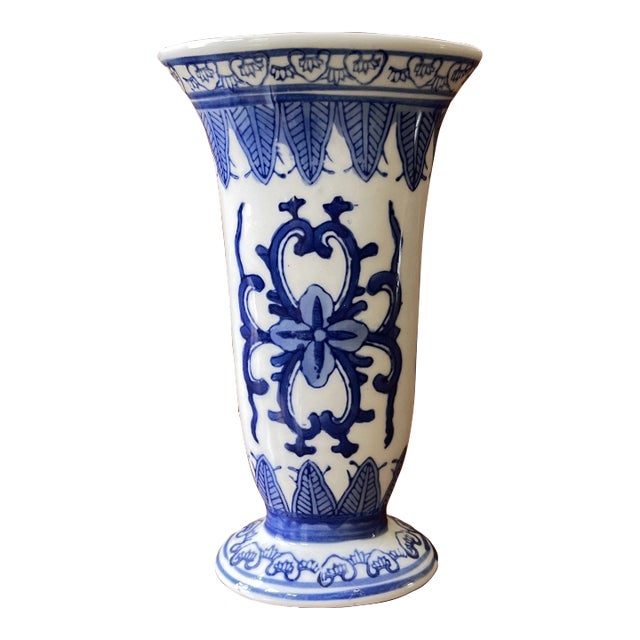 Vintage Tall Blue & White Vase For Sale