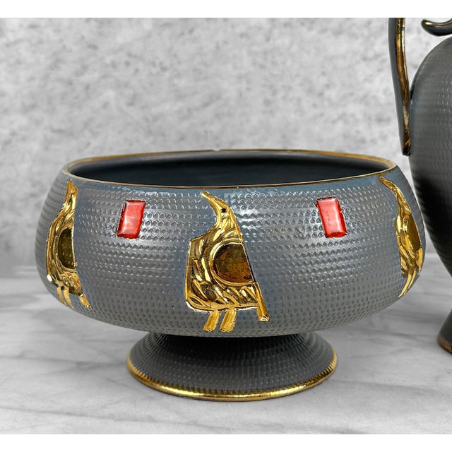 Fratelli Fanciullacci Mid-Century Italian Pottery Gray & Gold Bird Motif Vase & Planter - Set of 2 For Sale - Image 4 of 11