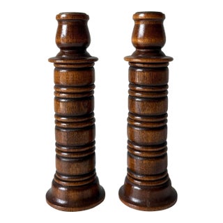Dark Oak Wood Candlestick Holders: A Pair For Sale