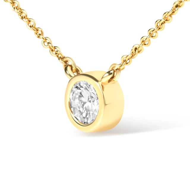 Contemporary 10K Yellow Gold 1/5 Carat Round Brilliant-Cut Diamond Modern Bezel-Set Solitaire 16"-18" Pendant Nec For Sale - Image 3 of 7