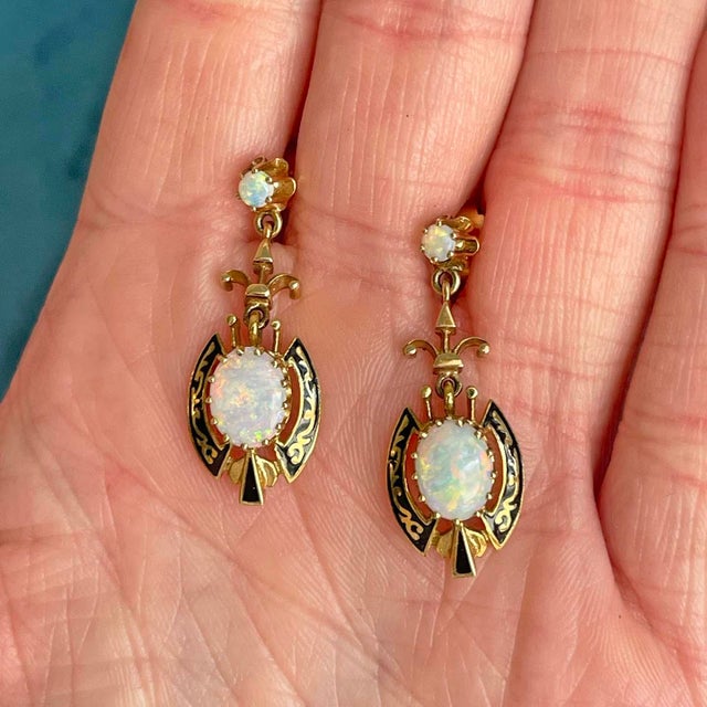 Victorian 14k Gold Opal Black Enamel Earrings - 2 Pieces For Sale In Madison - Image 6 of 11