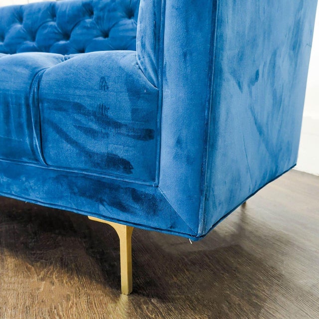 Modern Blue Velvet Tufted 3-Seat Sofa With Gold Legs For Sale - Image 3 of 5