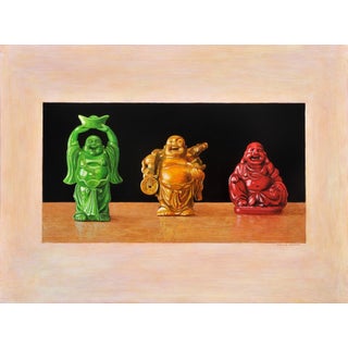 Stop and Go Buddhas by Thane Gorek | Oil on board Oil painting of three colorful Buddha figurines For Sale