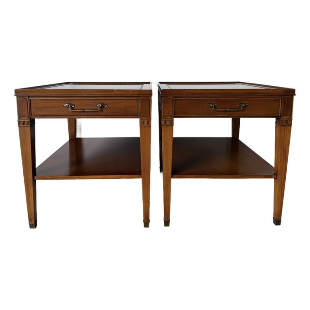 Vintage Hekman Neoclassical Style Wood End Tables With Drawers – A Pair For Sale