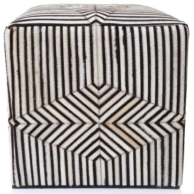 2020s Handmade Beige Brown Geometric Cowhide Leather Ottoman Pouf 18x18x18 In For Sale - Image 5 of 6