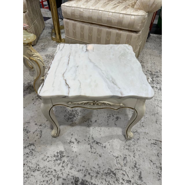 French Louis XV Style Vintage Pair Marble Top Low End Tables For Sale - Image 4 of 11