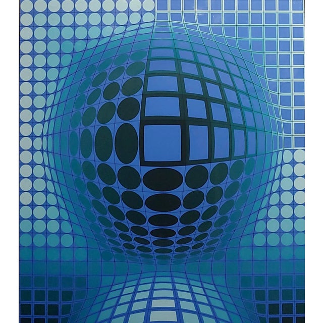 Victor Vasarely "Double Blue Spheres" Original Color Screen Print Pencil Signed by Victor Vasarely For Sale - Image 4 of 9