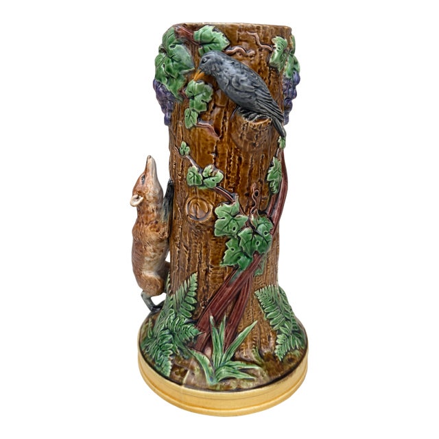 19th Century Rare Victorian Majolica Fox & Crow Trunk Vase Minton For Sale