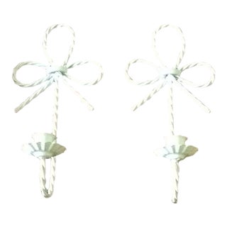 Mid-Century Modern Gloss White Metal Rope Candle Sconces - a Pair For Sale