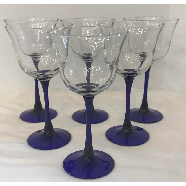 Glass Vintage Blue Stem Crystal Wine Glasses - Set of 6 For Sale - Image 7 of 7