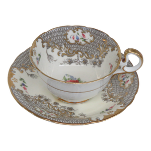 Aynsley Bone China Teacup and Saucer Ivory Cream Gold and Flowers 4505b