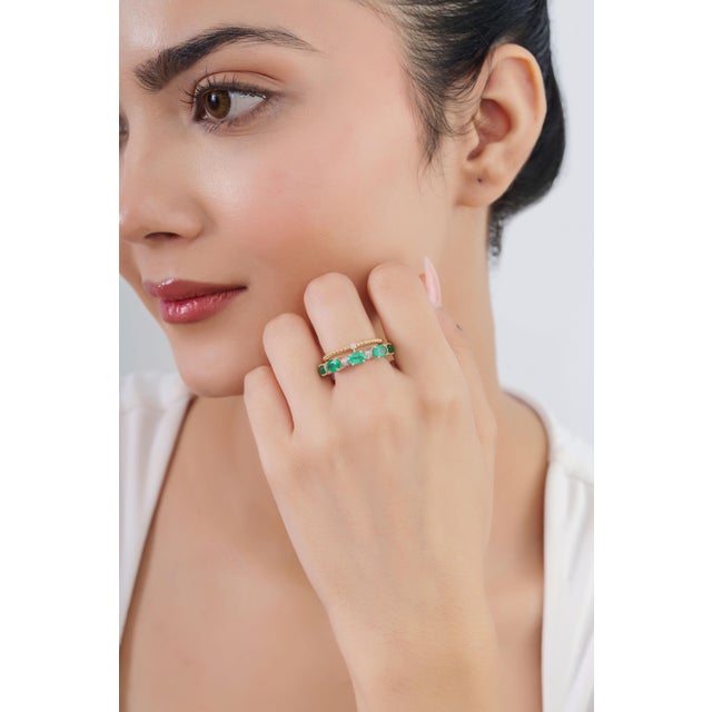 Vintage-Style 2.18ct Oval Emerald & Diamond Double Band Ring in 14k Gold Size 4 For Sale - Image 11 of 18