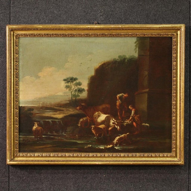 Roman School Artist, Landscape with Pastoral Scene, 1680, Oil on Canvas, Framed For Sale - Image 16 of 16