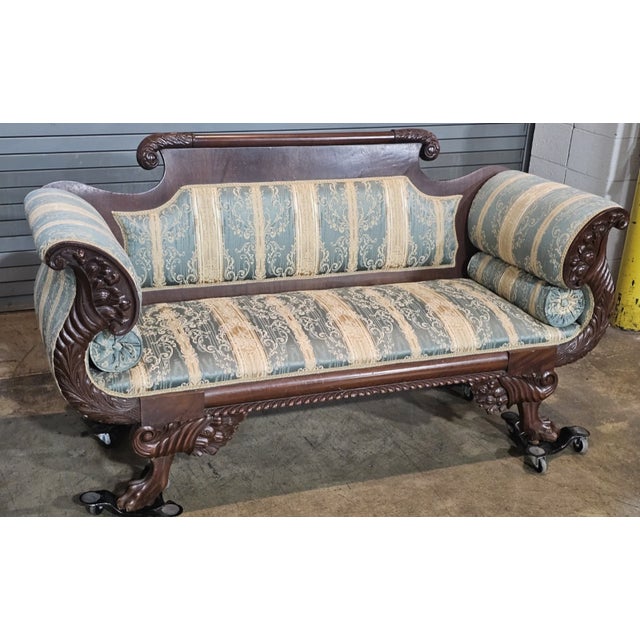 Traditional Antique American Empire Style Carved Mahogany Sofa Paw Feet Wedgewood Fabric For Sale - Image 3 of 12
