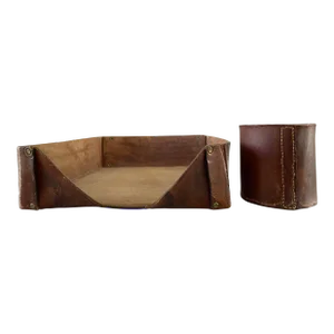 Vintage Cognac Distressed Leather Desk Accessories - Paper Tray & Pencil Cup- 2 Pieces