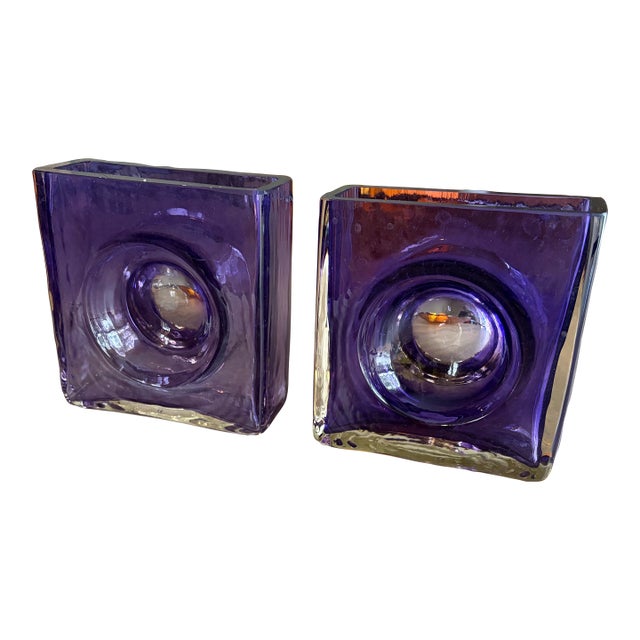 A Pair Blenko Amethyst Glass Block Vases, Circa 1960s - Vintage Blenko Amethyst Glass #6944 Cube Vases Brutalist Style Vases by Joel Philip Myers For Sale
