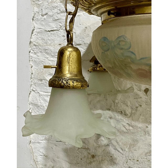 Mid 20th Century Antique French Style Hand Painted Floral Glass 4 Arm Pendant Light Chandelier For Sale - Image 5 of 11