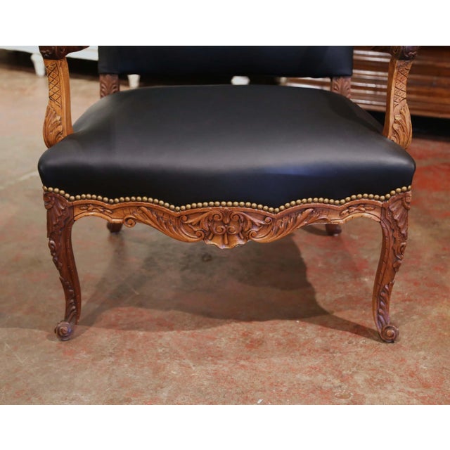 19th Century French Louis XV Carved Walnut Armchair With Black Leather For Sale - Image 4 of 8