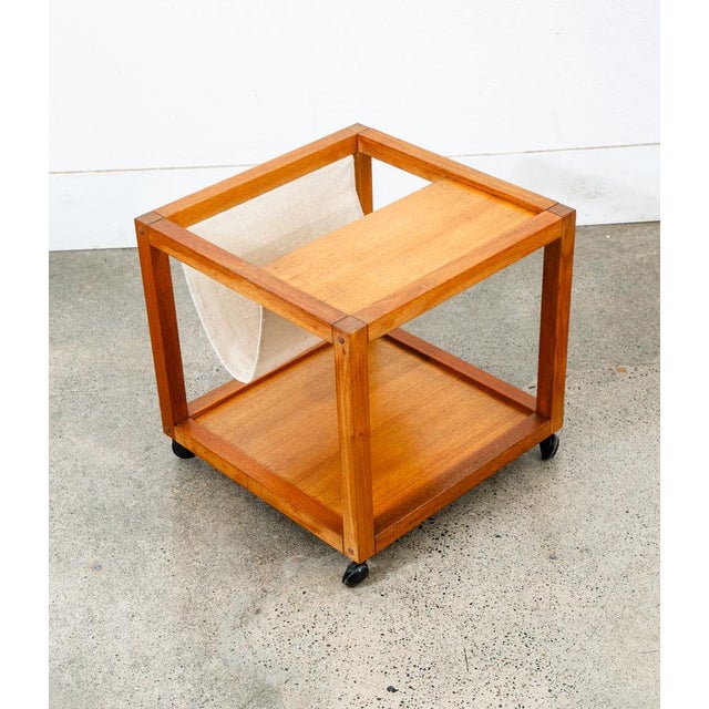 Mid 20th Century Danish Modern End Table Magazine Rack Rolling Teak Nordisk Denmark For Sale - Image 9 of 12