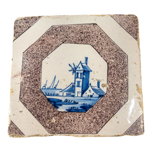 18th Century English Bristol or Dutch Delf Manganese Decorative Tile For Sale