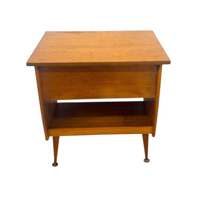 Brass Vintage Mid-Century Modern Italian Style Flip-Top Sewing Table / Nightstand With Brass Finished Capped Legs. For Sale - Image 8 of 12